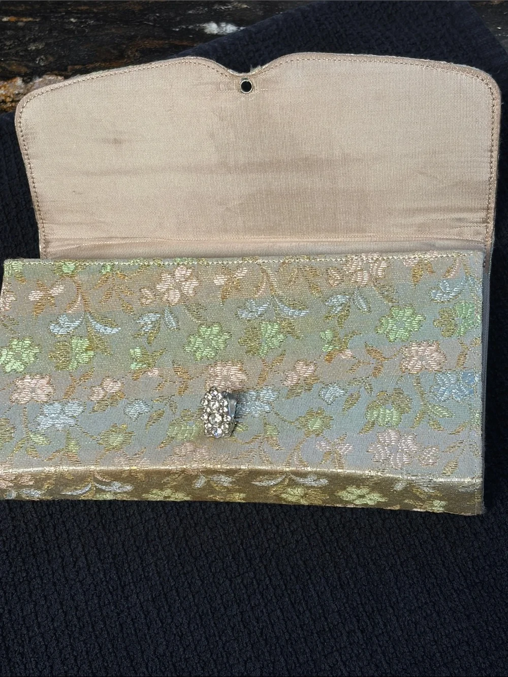 Pegi Paris Vintage Floral Tapestry Brocade bag with Rhinestone Comb & Mirror